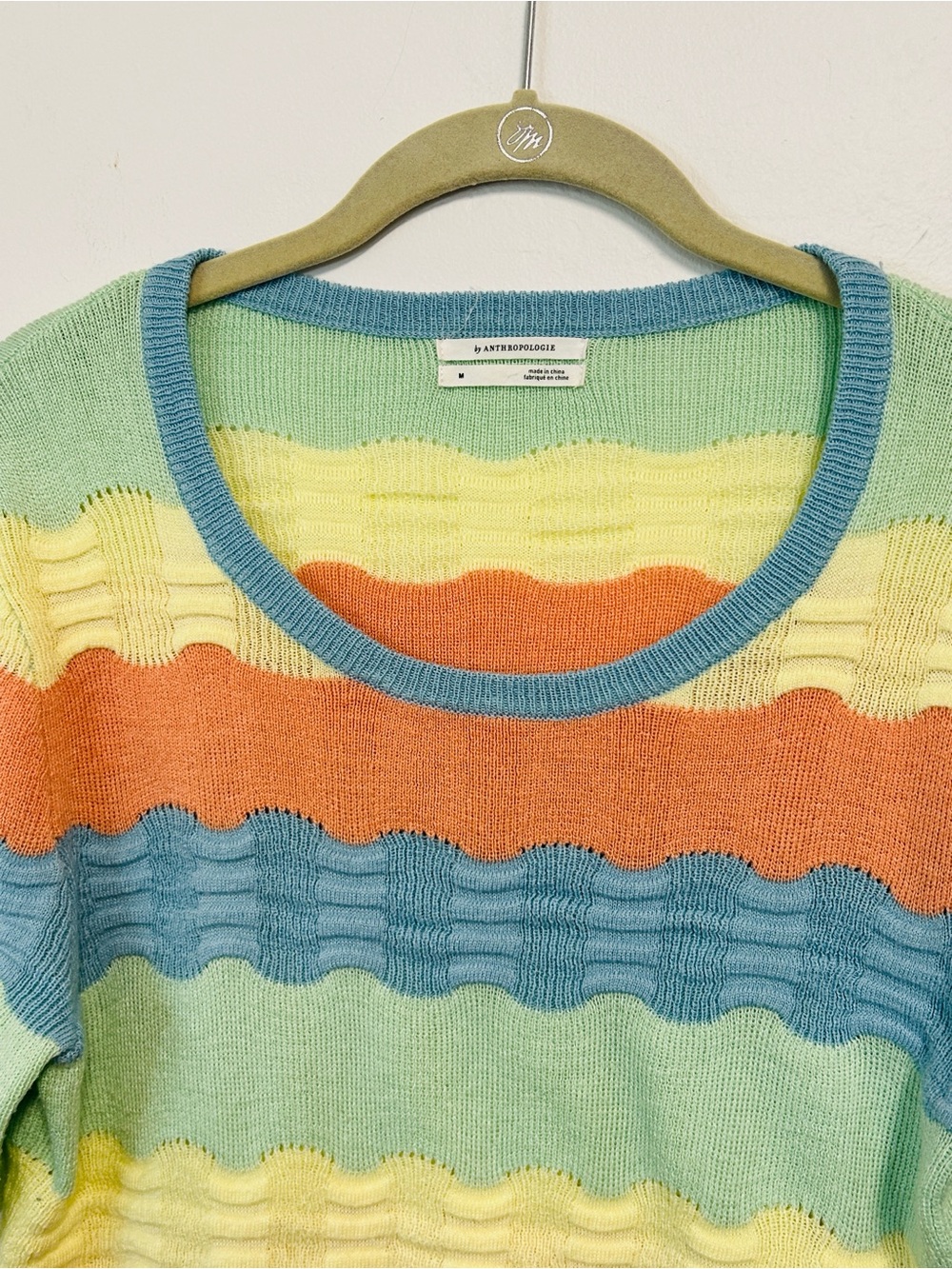 Anthropologie Colorblocked Novelty-Stitch Scalloped Striped Wave Tee Womens M - Picture 3 of 16